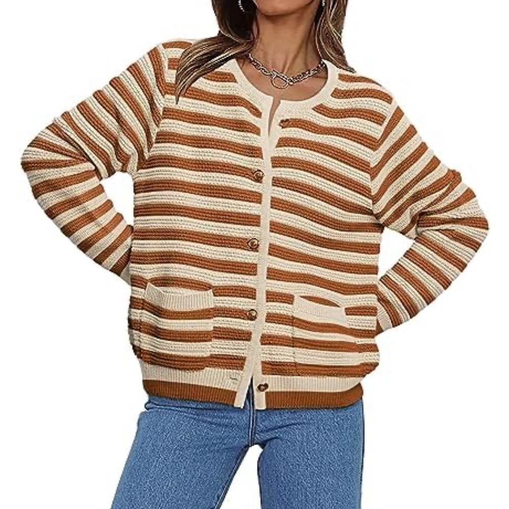Neutral striped old money cardigan small gold buttons lady‎ jacket brown beige